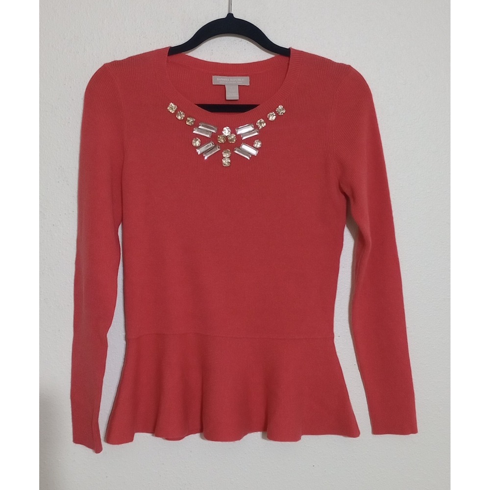 Banana Republic Blood Orange Embellished Peplum Sweater Wool Cashmere Small